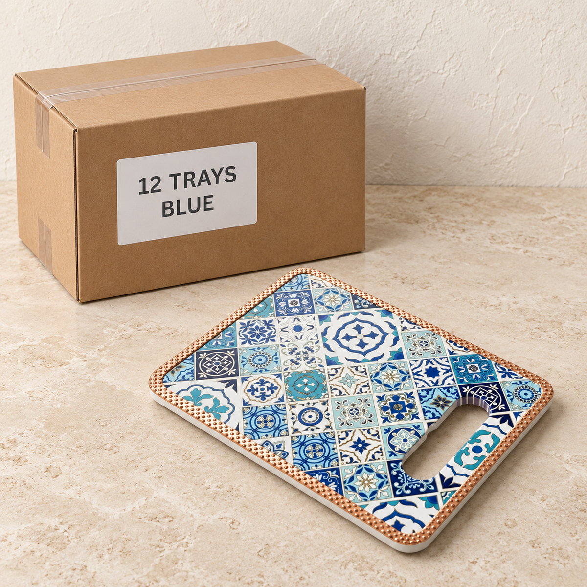 Turkish Tile Serving Trays — Box of 12 — 12 × Blue. Representative sample beside illustrative wholesale carton.