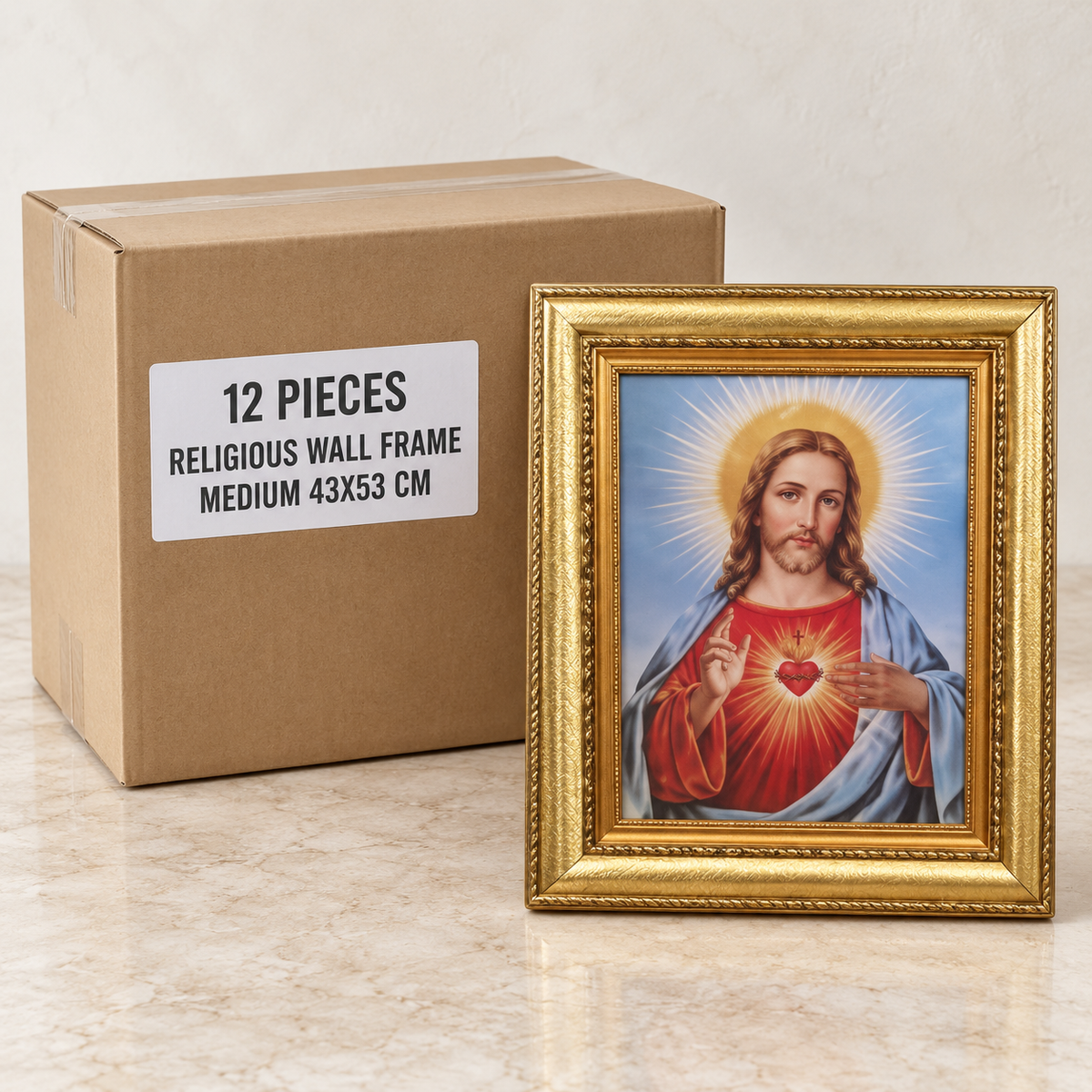 Religious Wall Frames — Box of 12 — 12 × Religious Wall Frame Medium 43X53 cm. Representative samples beside illustrative wholesale carton.