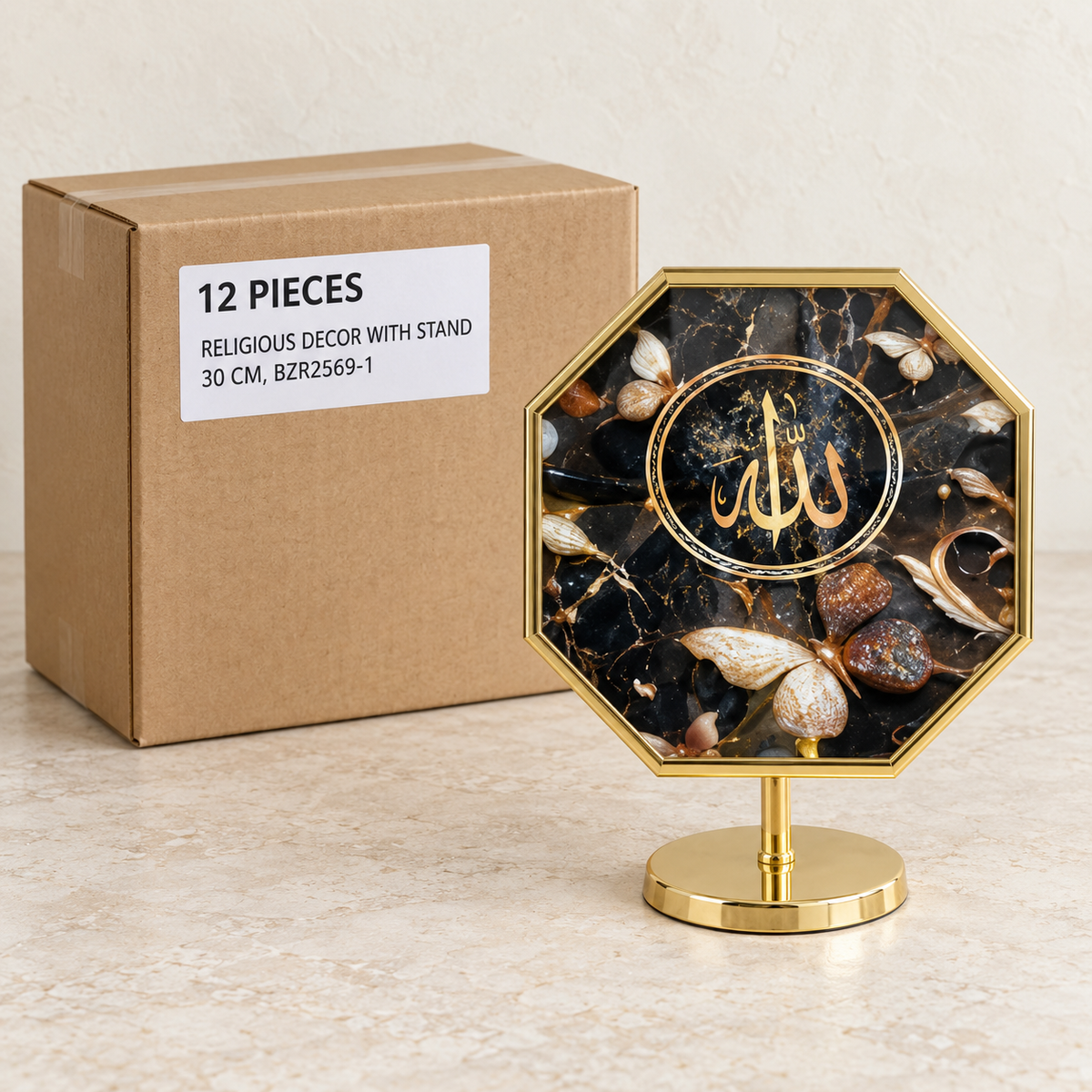 Religious Decor with Stands — Box of 12 — 12 × Religious Decor with Stand - 30 cm, BZR2569-1. Representative samples beside illustrative wholesale carton.