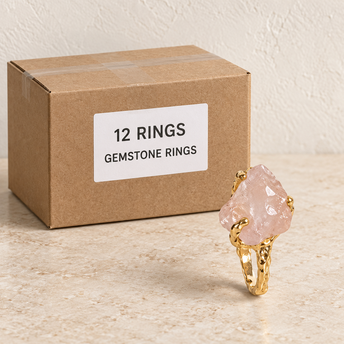 Rings — Box of 12 — 12 × Gemstone Rings. Representative samples beside illustrative wholesale carton.