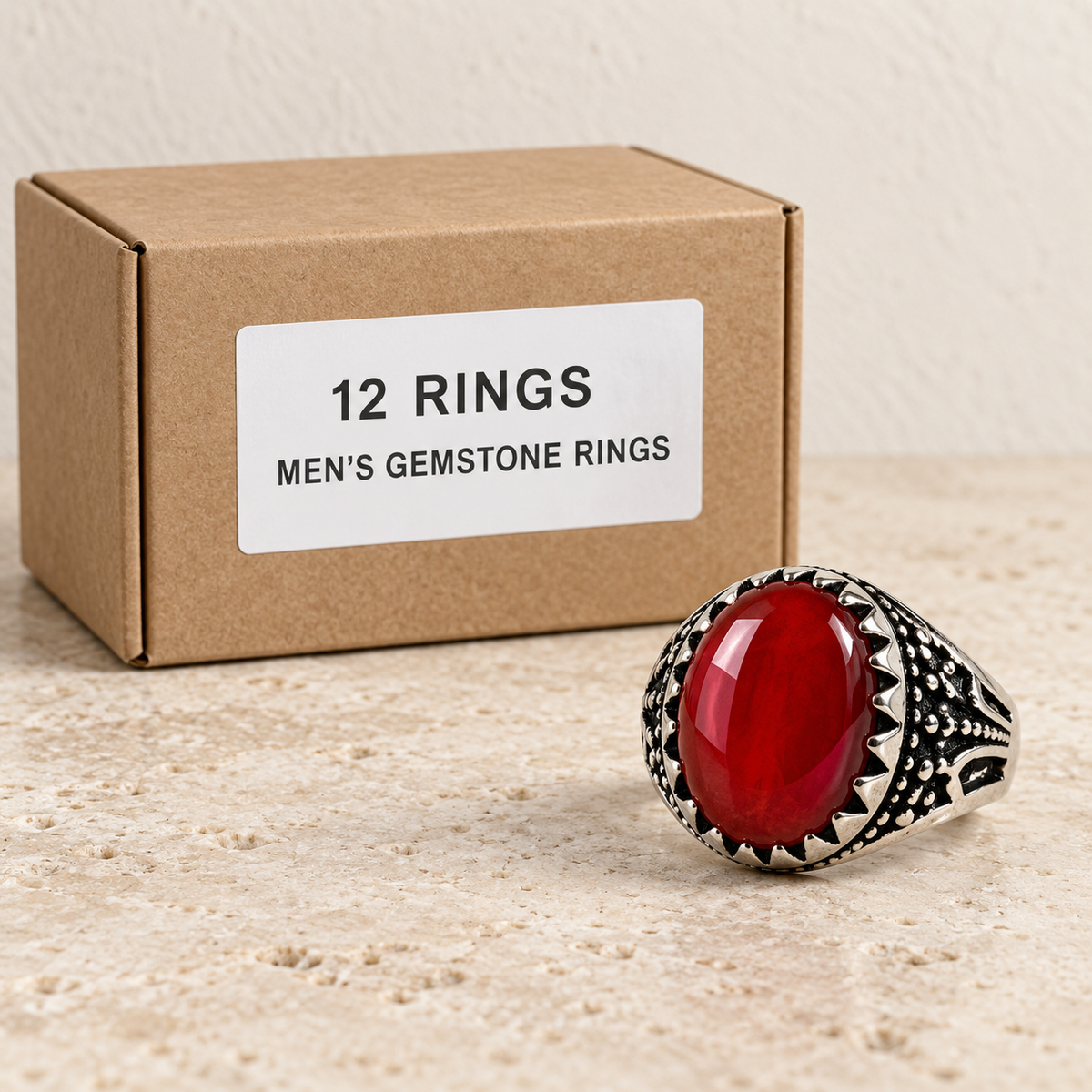 Rings — Box of 12 — 12 × Men's Gemstone Rings. Representative samples beside illustrative wholesale carton.
