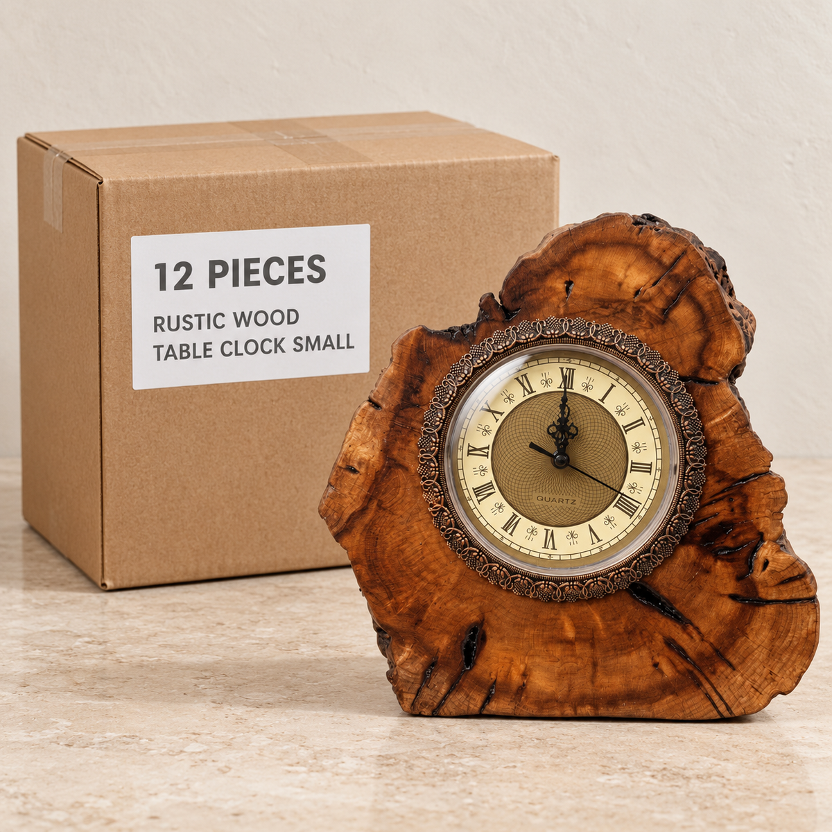 Wooden Table Clocks — Box of 12 — 12 × Rustic Wood Table Clock - Small. Representative samples beside illustrative wholesale carton.
