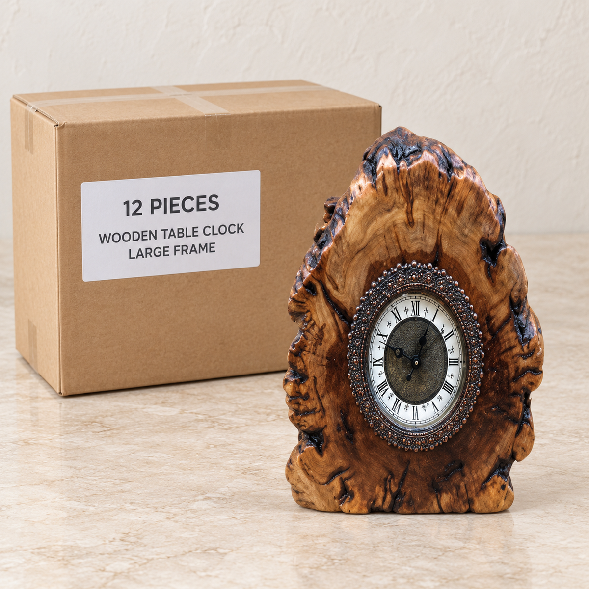 Wooden Table Clocks — Box of 12 — 12 × Wooden Table Clock - Large Frame. Representative samples beside illustrative wholesale carton.