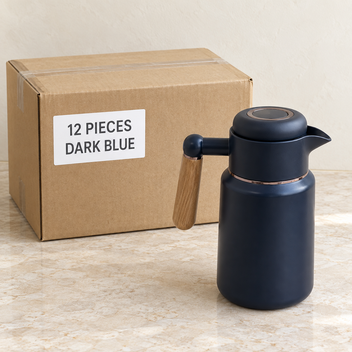 Stainless Steel Thermal Jugs — Box of 12 — 12 × Dark Blue. Representative samples beside illustrative wholesale carton.