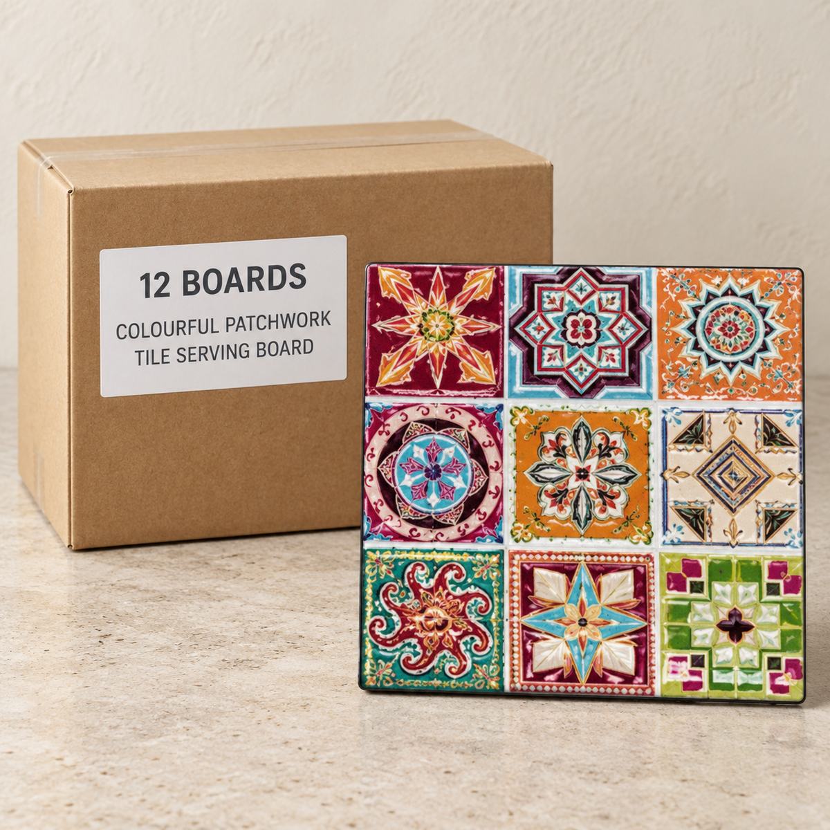 Turkish Tile Serving Boards — Box of 12 — 12 × Colourful Patchwork Tile Serving Board. Representative samples beside illustrative wholesale carton.