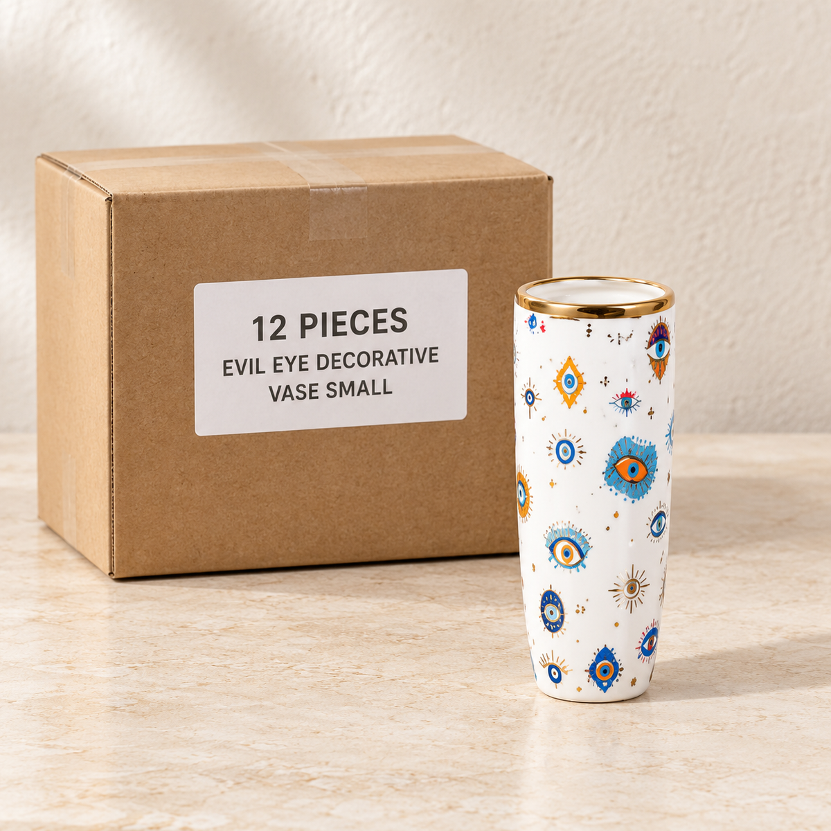 Evil Eye Decorative Vases — Box of 12 — 12 × Evil Eye Decorative Vase - Small. Representative samples beside illustrative wholesale carton.