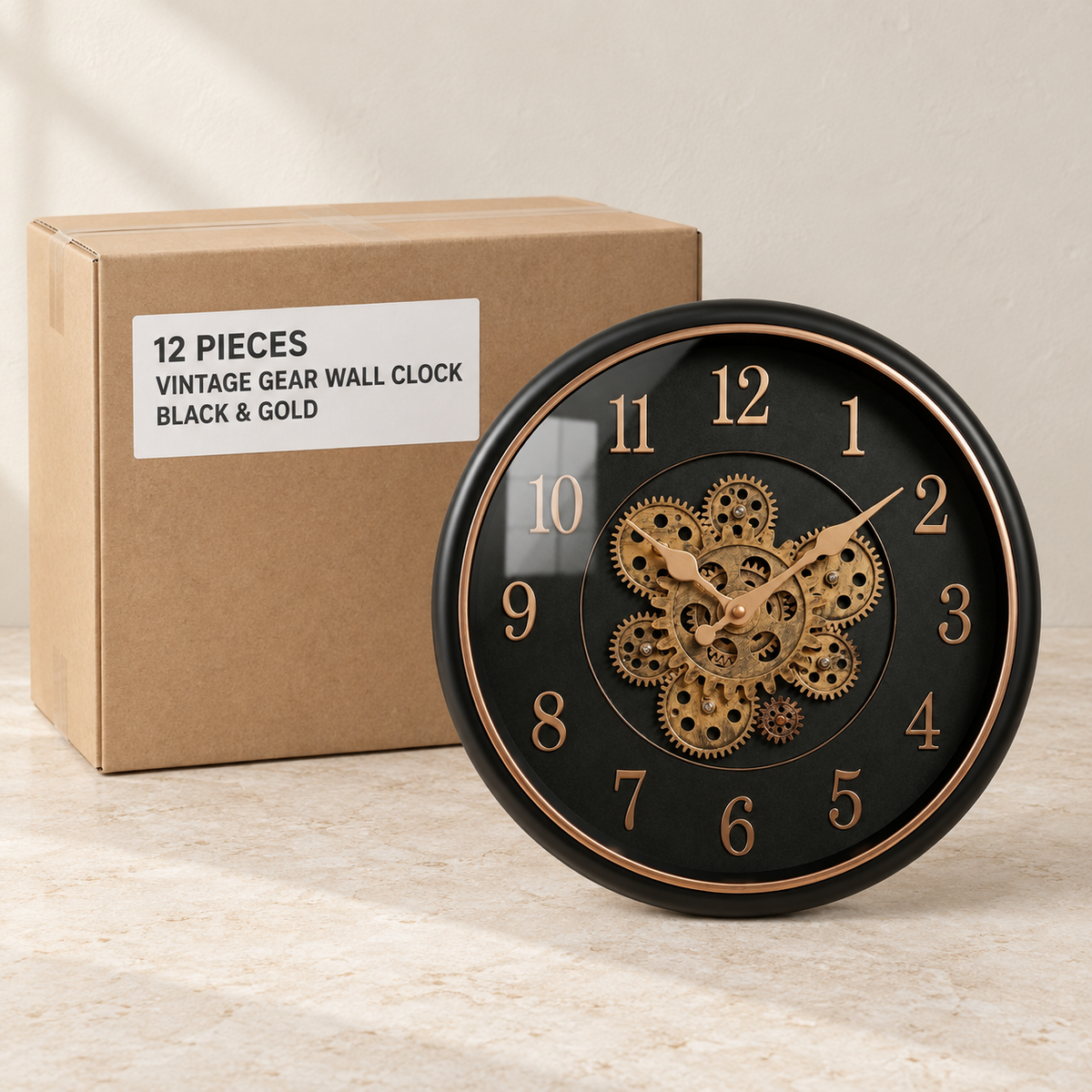 Vintage Gear Wall Clocks — Box of 12 — 12 × Vintage Gear Wall Clock - Black & Gold. Representative samples beside illustrative wholesale carton.
