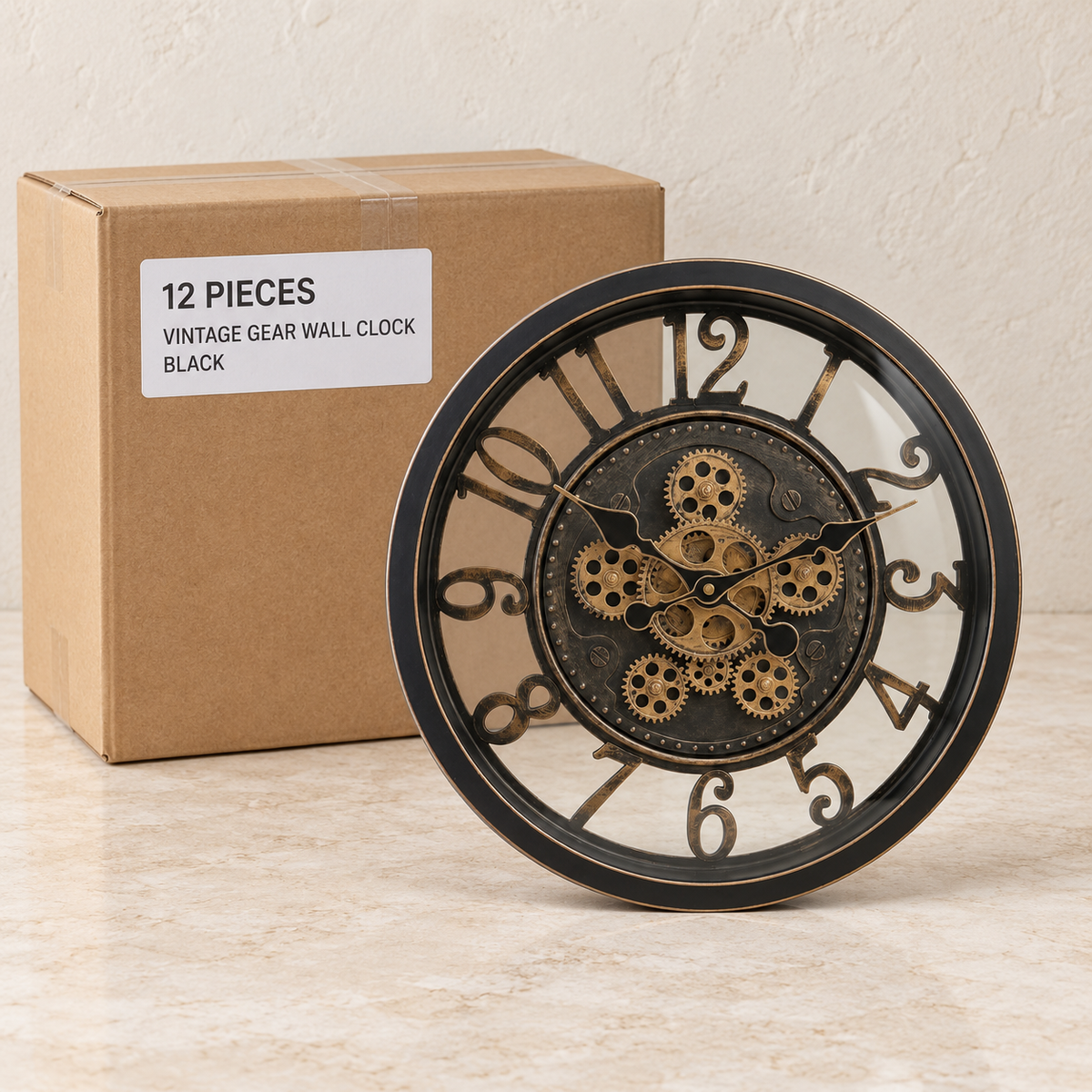 Vintage Gear Wall Clocks — Box of 12 — 12 × Vintage Gear Wall Clock - Black. Representative samples beside illustrative wholesale carton.