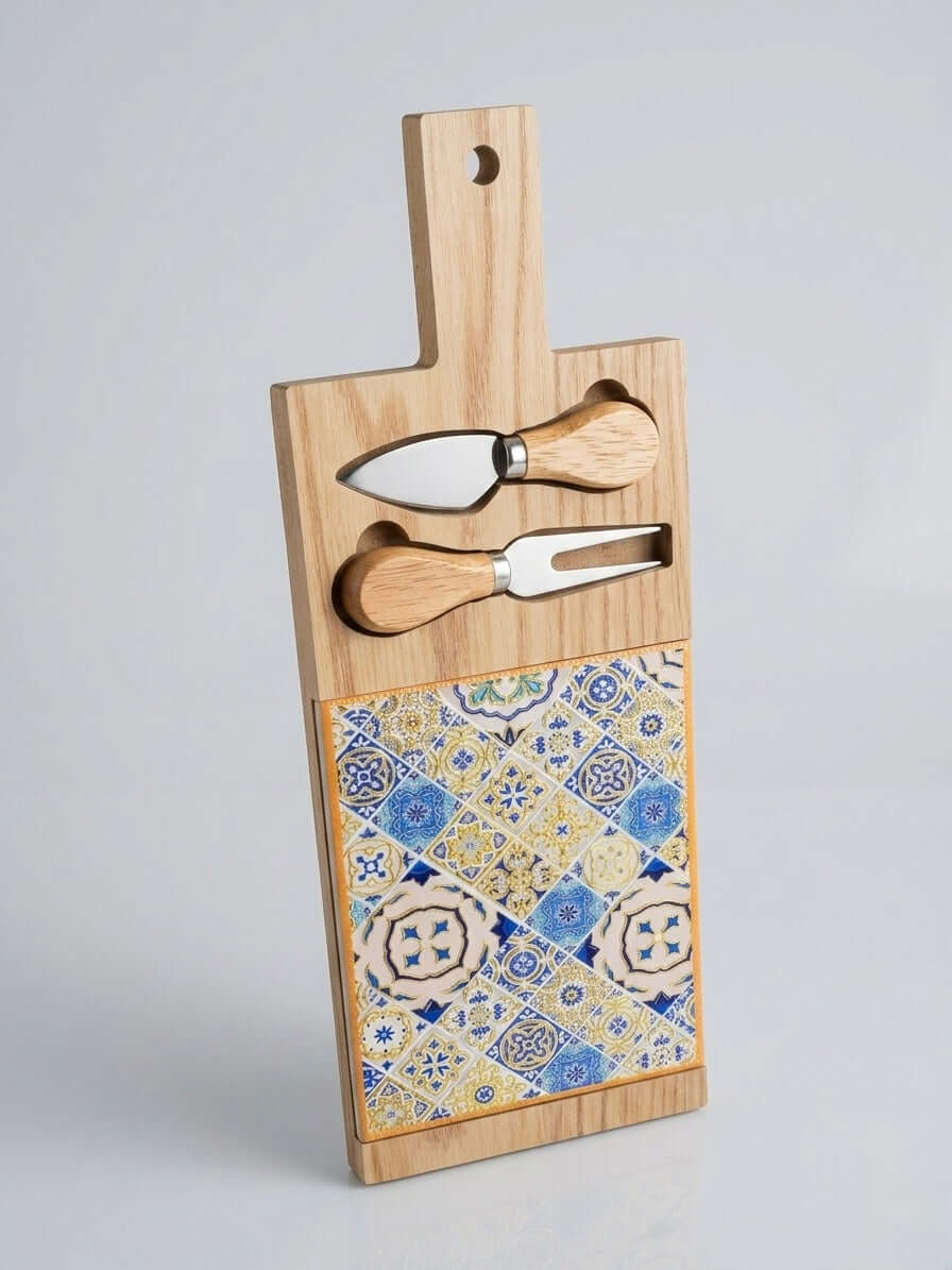 Artisan Wood & Turkish Tile Cheese Board Set with cheese knives, featuring a vibrant tiled design and natural wood finish.