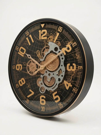 Vintage Industrial Gear Wall Clock 50cm showcasing a world map and exposed gear mechanism in stylish black and gold design.