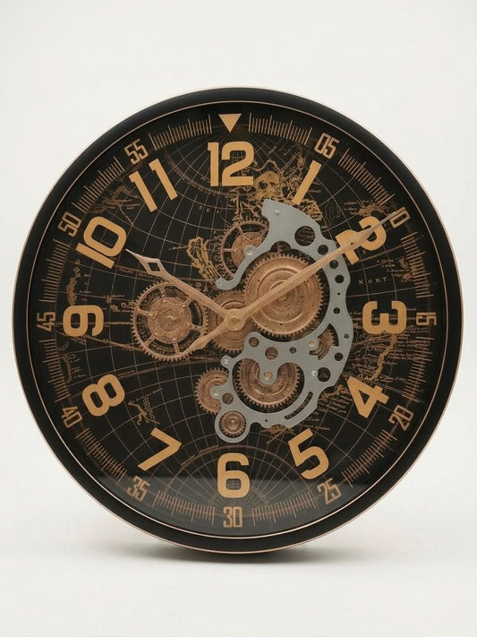 Vintage Industrial Gear Wall Clock 50cm featuring a world map background and exposed gear mechanism.
