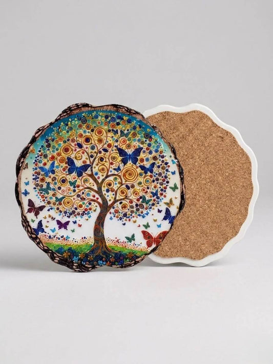 Tree of Life Ceramic Coaster featuring a vibrant design of a tree and butterflies on a cork base.