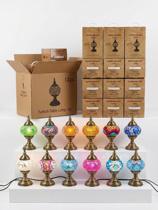 12-Piece Mixed Mosaic Table Lamp Set – 30cm Turkish Lamps with LED Bulbs (13cm Glass)