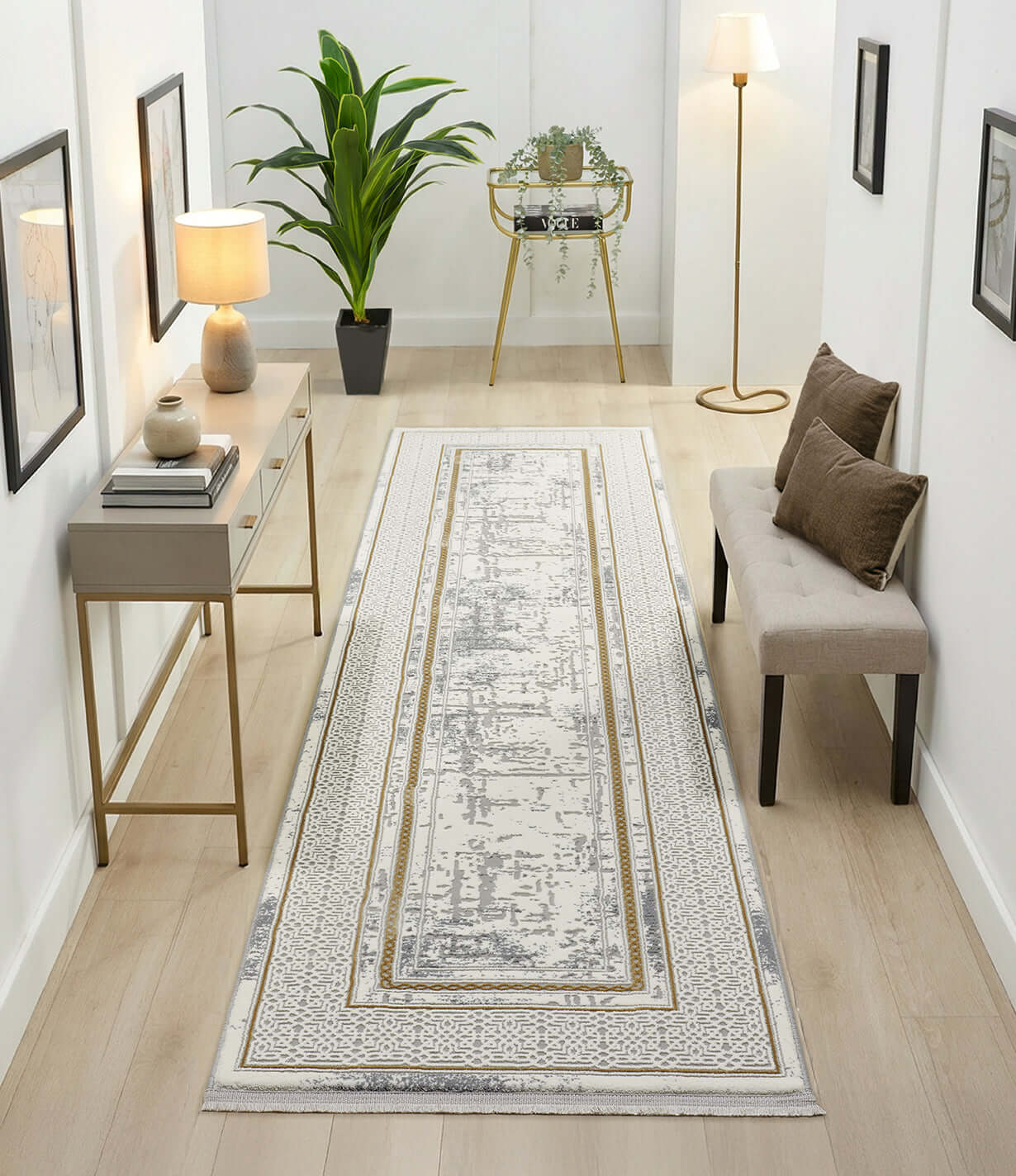 Kervan Rug AK076 Grey Gold Hallway Runner for Elegant Spaces – Bazaar G ...