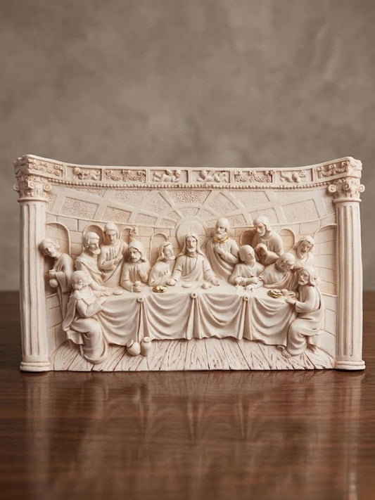 Last Supper Wall Decor 30x8cm detailed religious sculpture depicting the Last Supper scene on a wooden tabletop.