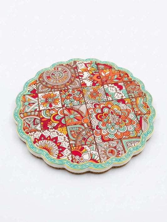 Mandala Cork Trivet – vibrant mosaic design with floral and geometric patterns, heat resistant kitchen pot stand, 20cm.