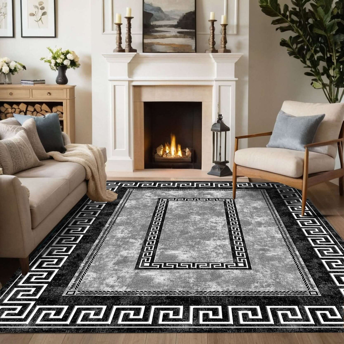 Large Greek Key Looking Rug Turkish Rug Monochrome Greek Key Border Rug – Bazaar G Rugs n Gifts ...