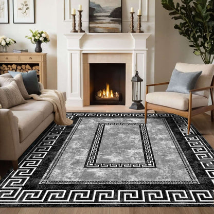Monochrome Greek Key Border Rug