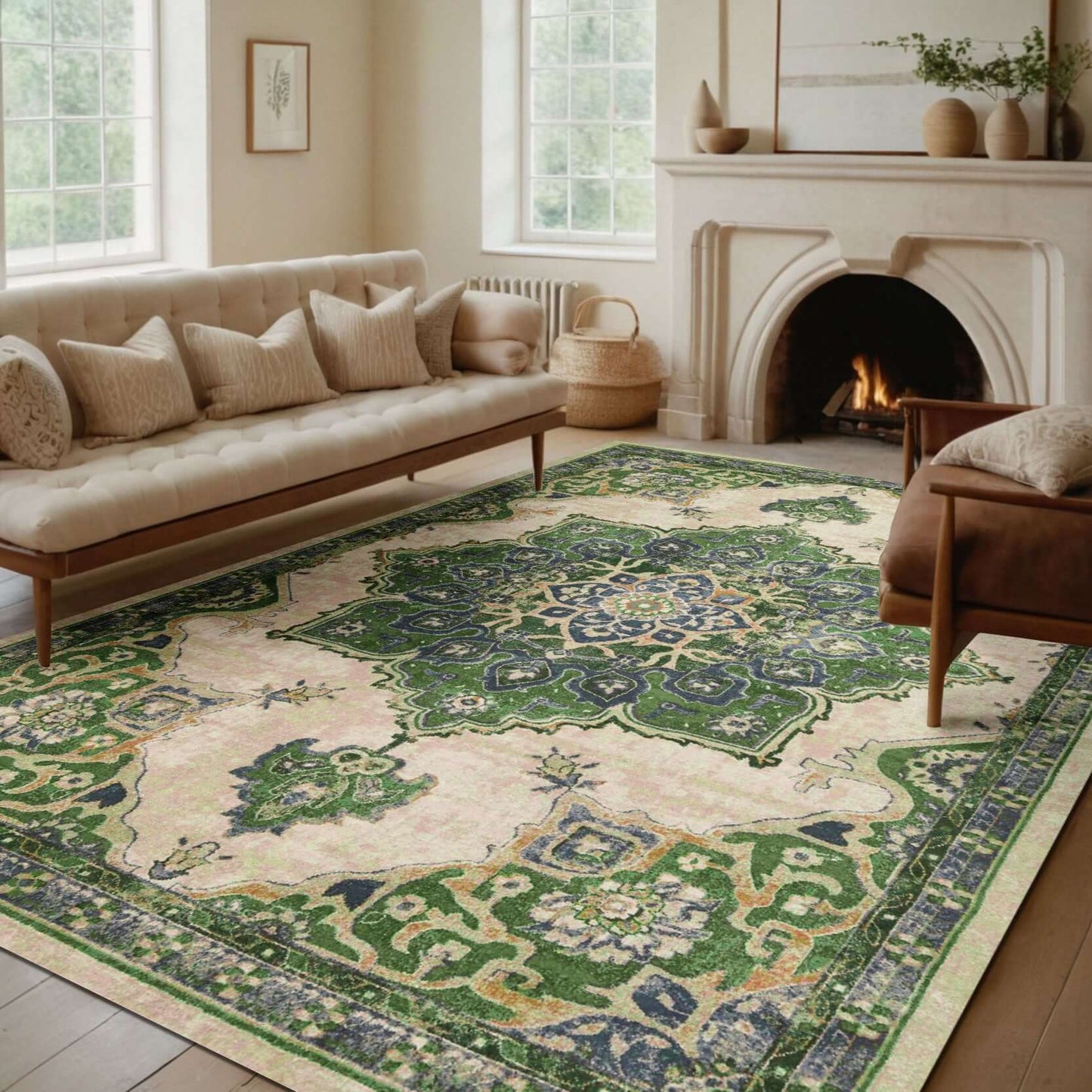 Persian Medallion-Inspired Rug with Elegant Green Tones