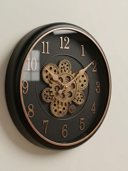 Vintage Industrial Gear Wall Clock 35cm in black and gold showcasing exposed gears and elegant design.