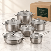 One complete Korkmaz Astra cookware set with six vessels and matching glass lids beside an illustrative carton representing a wholesale box of 12 complete sets