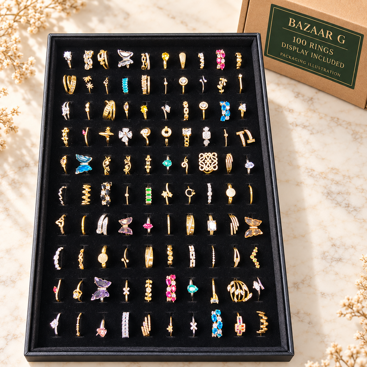 Mixed Gold-Tone & Colourful Rings — Assortment A: 100 rings with included display tray