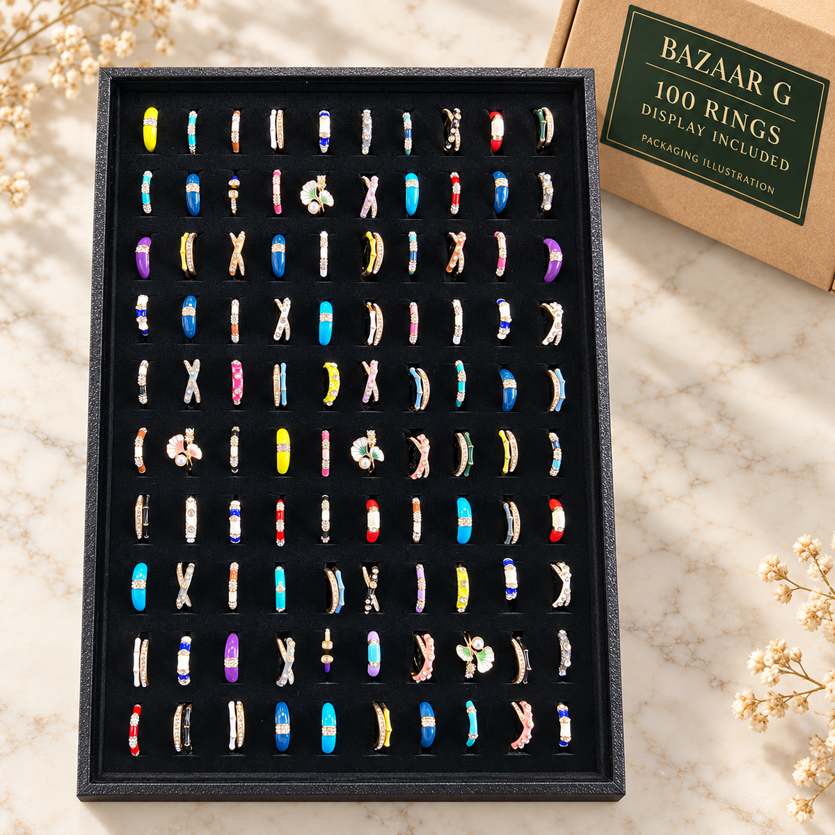 Colourful Enamel-Style Rings: 100 rings with included display tray