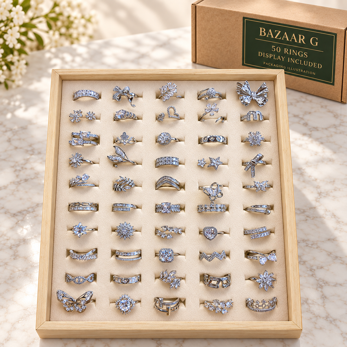 50 silver-tone crystal rings in the included wooden display tray