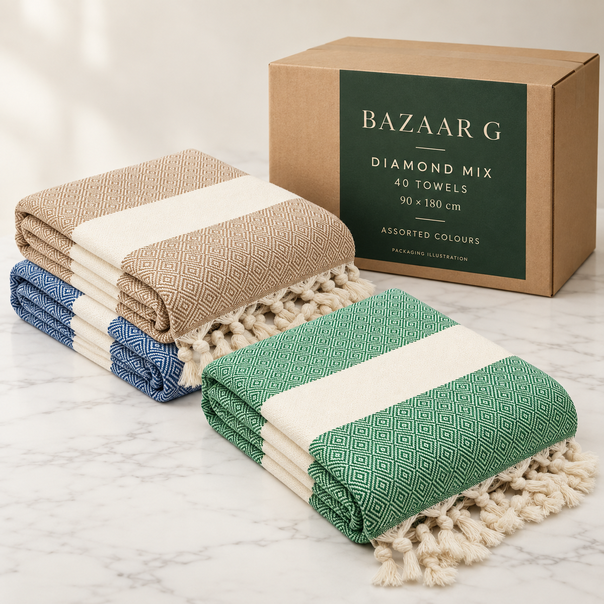 Bazaar G Diamond Mix — 40 cotton towels, 90 × 180 cm. Representative diamond-weave towels beside an illustrative wholesale carton.