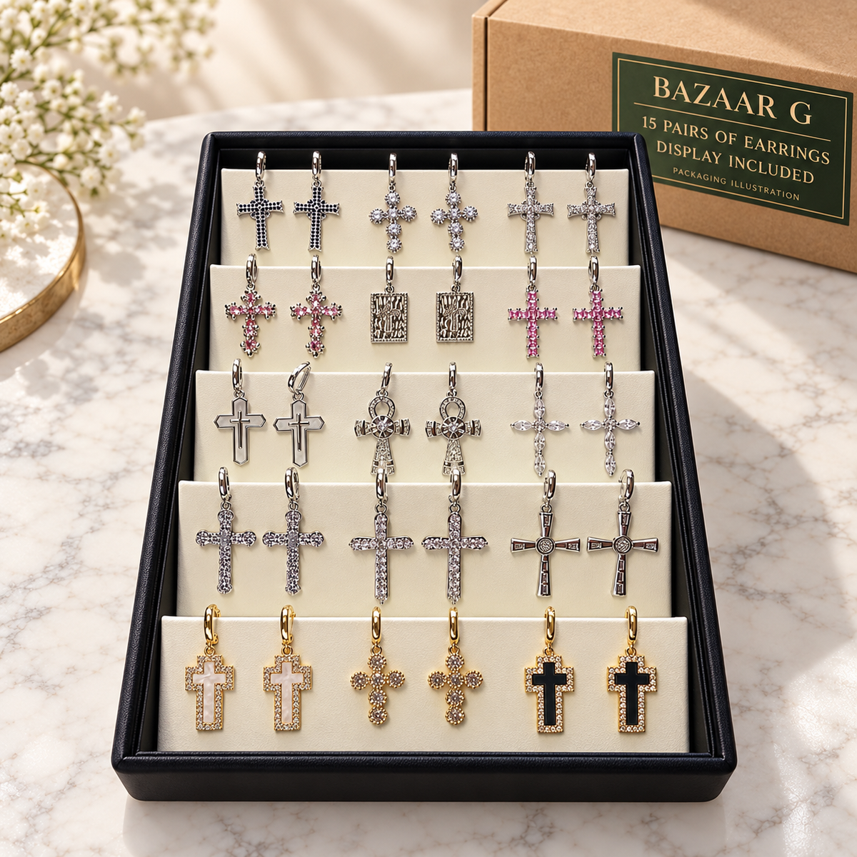 Crystal Cross Earrings: 15 pairs of earrings with included display tray