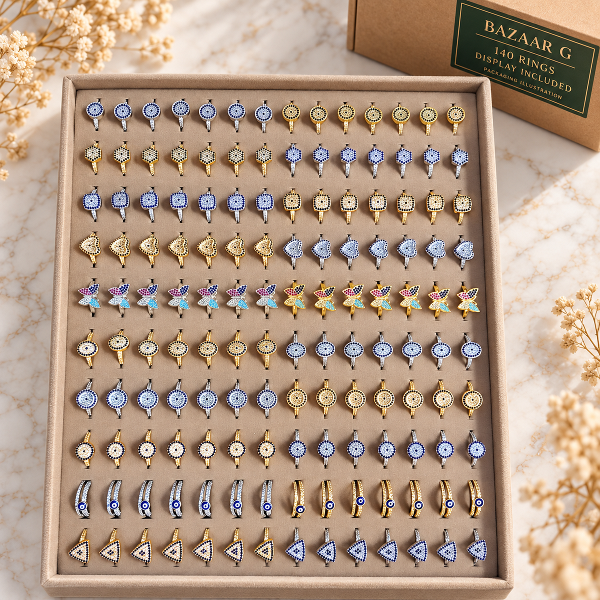 Evil Eye & Butterfly Rings — Assortment A: 140 rings with included display tray