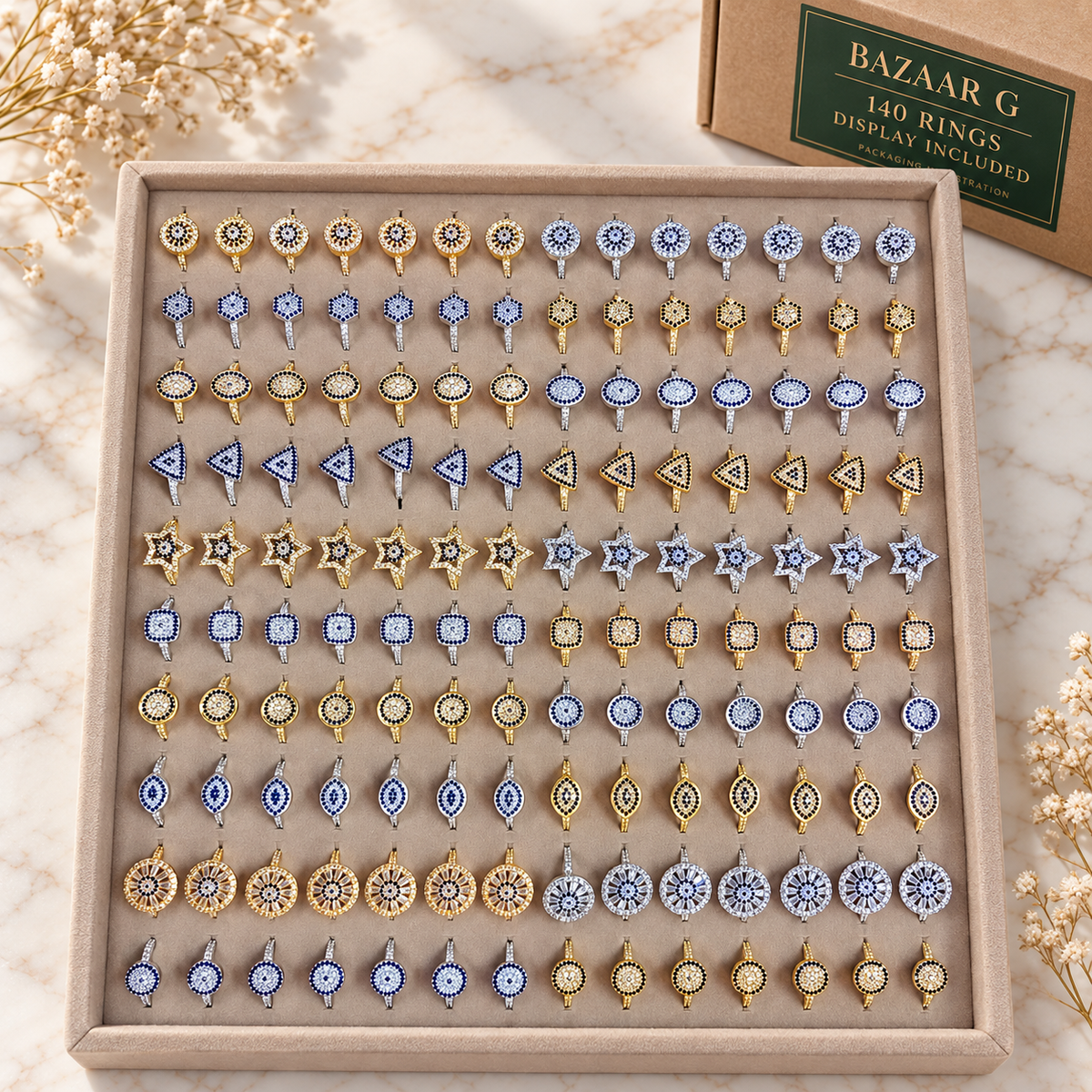 Evil Eye Geometric Rings — Assortment B: 140 rings with included display tray
