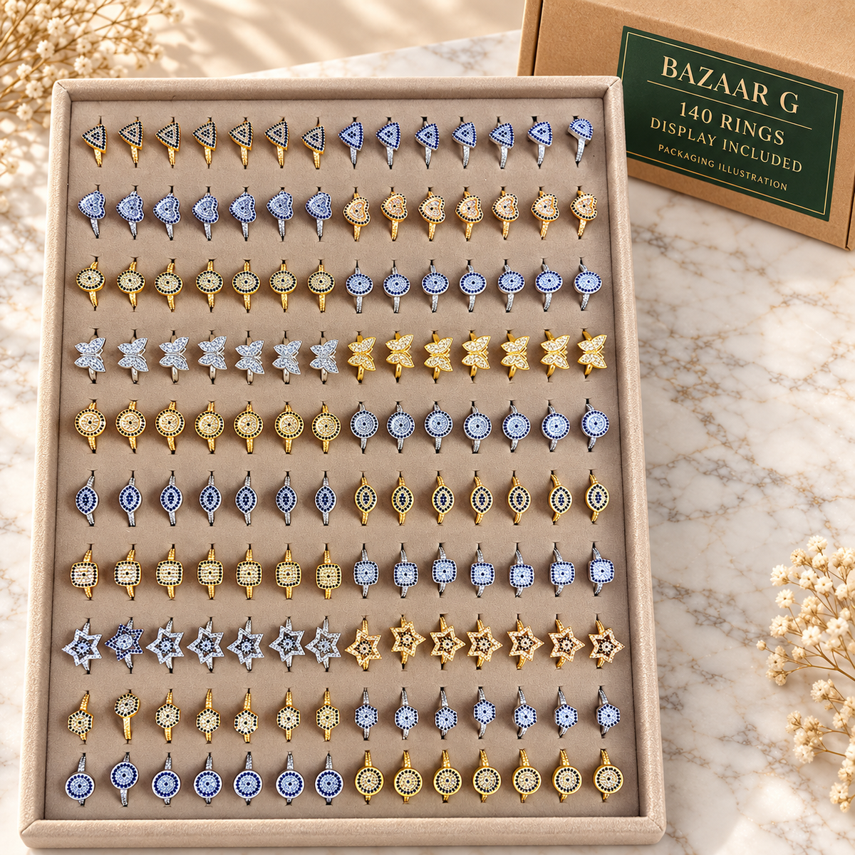 Evil Eye & Star Rings — Assortment C: 140 rings with included display tray
