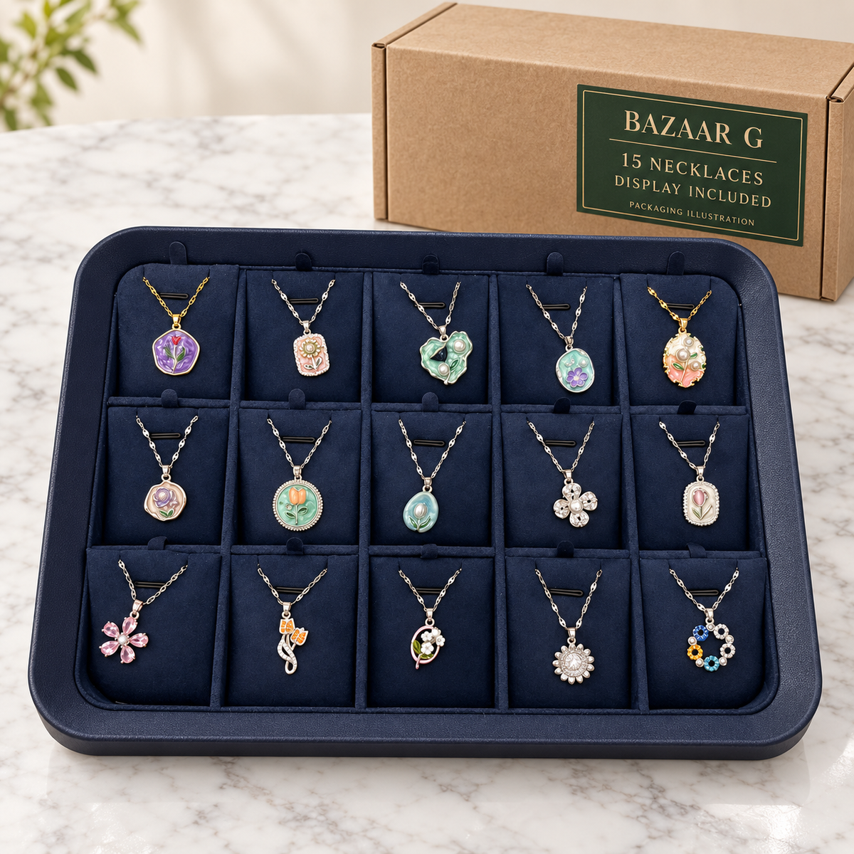 15 floral pendant necklaces in the included display tray beside an illustrative wholesale carton