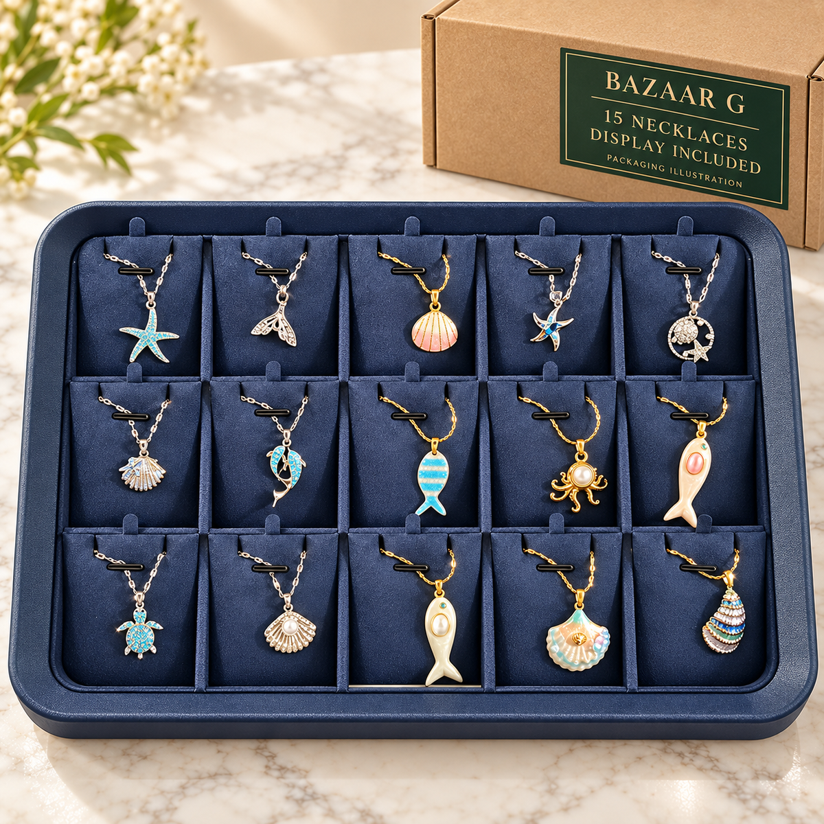 Ocean & Sea-Life Pendant Necklaces: 15 necklaces with included display tray