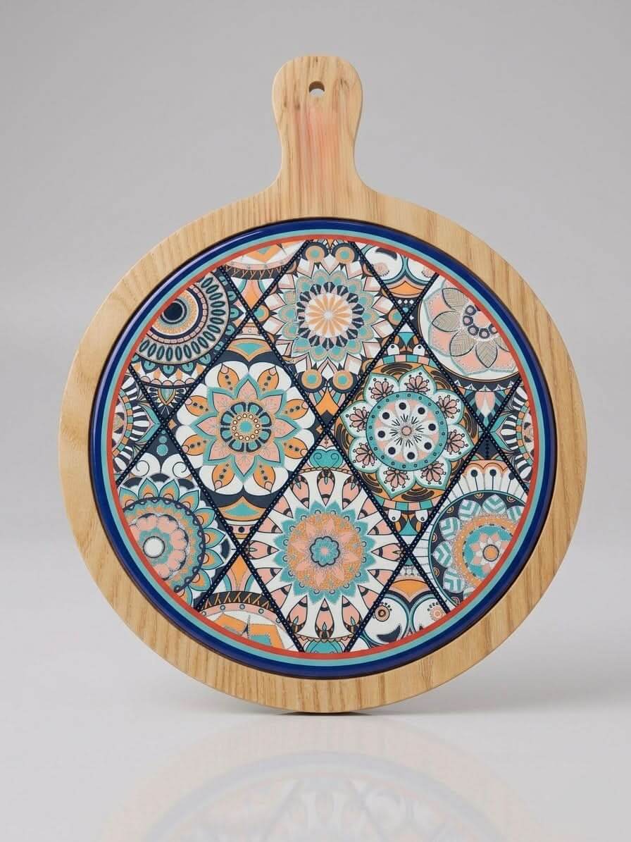 Round Wooden Serving Board 30cm – Turkish Tile Design Serving Tray — original Bazaar G retail product photo