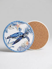 Ocean Turtle Ceramic Coaster – 10cm Round Cork Base — original Bazaar G retail product photo