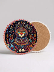 Bohemian Cat Ceramic Coaster – 10cm Round Cork Base — original Bazaar G retail product photo