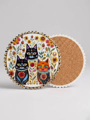 Floral Cat Ceramic Coaster – 10cm Round Cork Base — original Bazaar G retail product photo