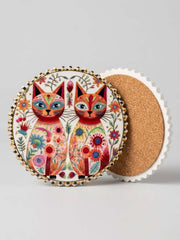 Twin Floral Cat Ceramic Coaster – 10cm Decorative Cork Base — original Bazaar G retail product photo