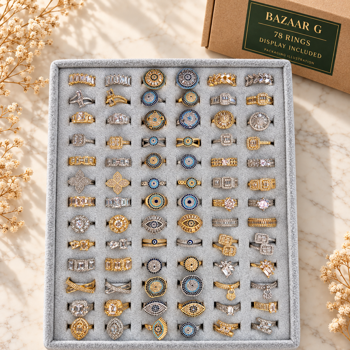 Ornate Evil Eye & Crystal Rings — Assortment A: 78 rings with included display tray