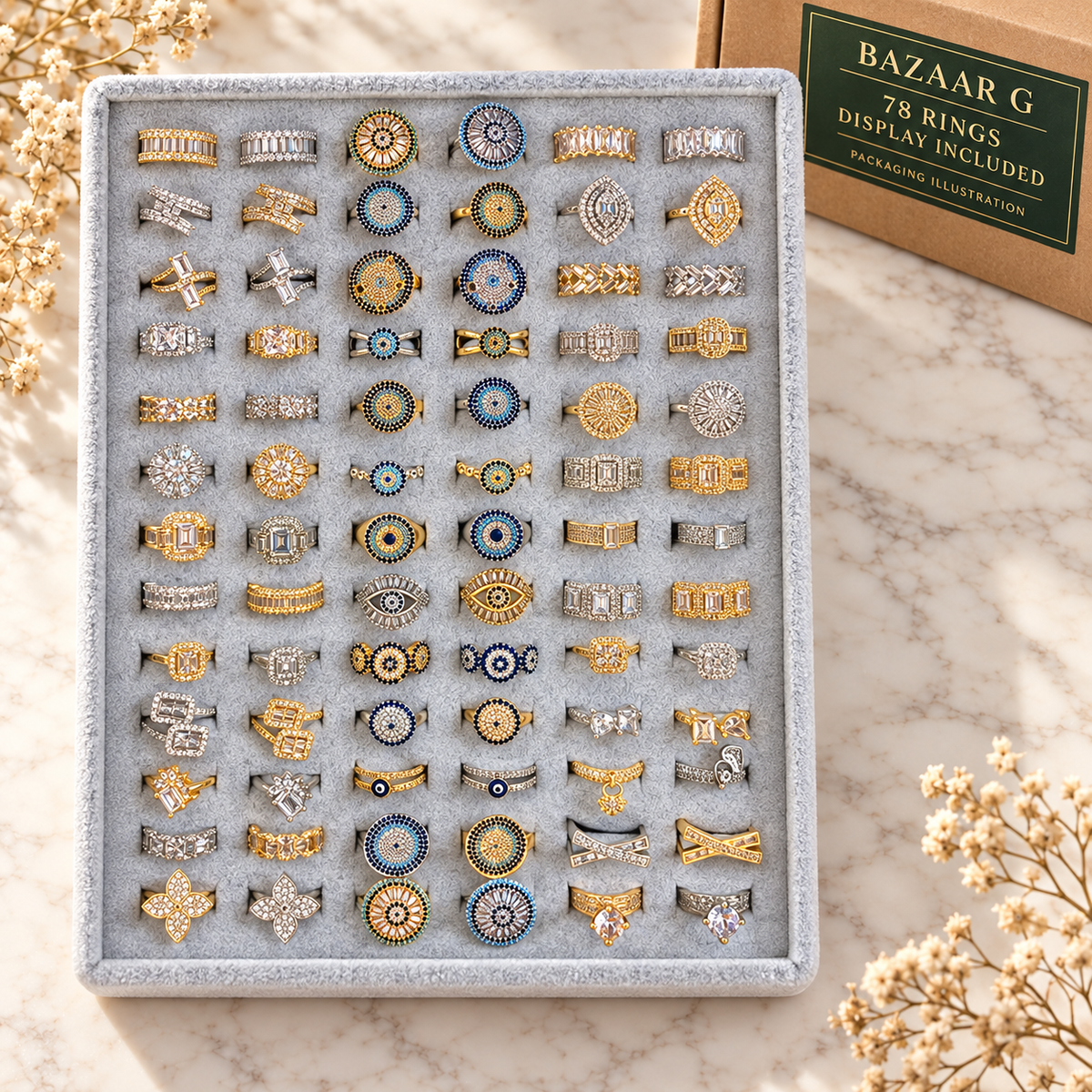 Ornate Evil Eye & Crystal Rings — Assortment B: 78 rings with included display tray
