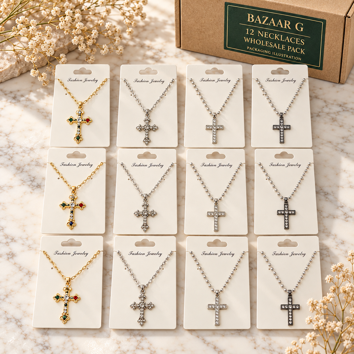 Crystal Cross Pendant Necklaces: 12 necklaces wholesale pack