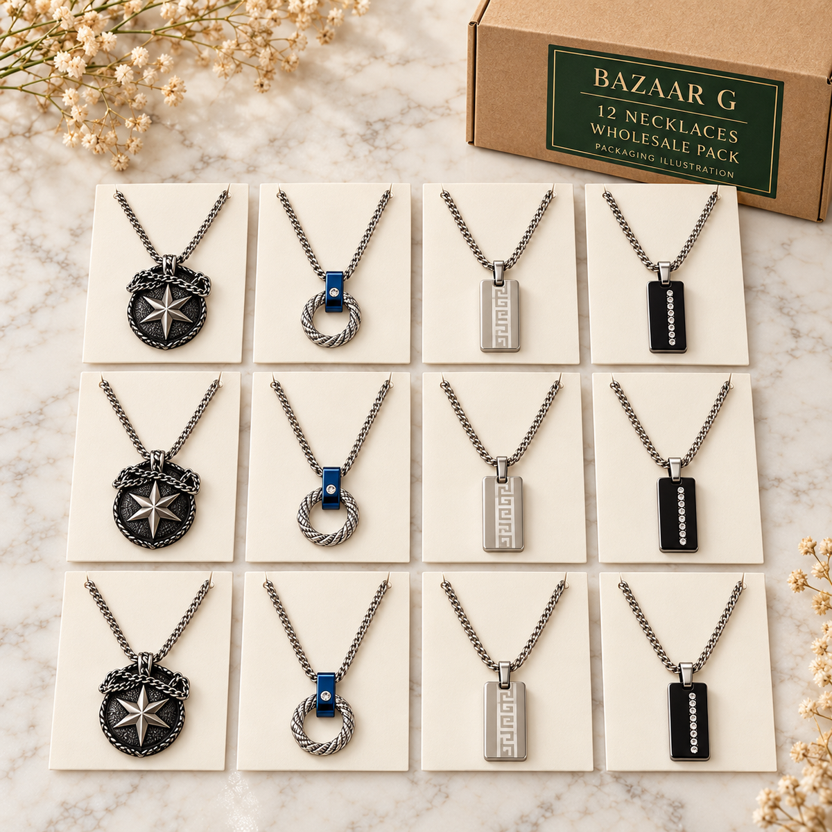 Men’s Stainless Steel Pendant Necklaces: 12 necklaces wholesale pack
