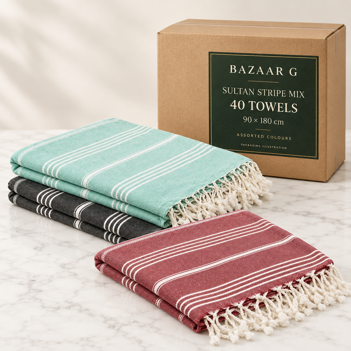 Bazaar G Sultan Stripe Mix — 40 cotton towels, 90 × 180 cm. Representative striped towels beside an illustrative wholesale carton.