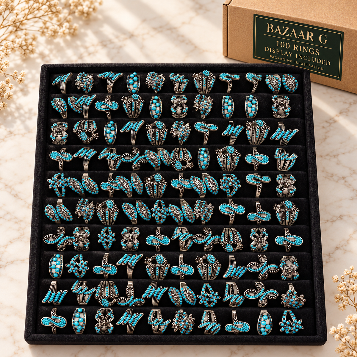 Turquoise-Colour Bohemian Rings: 100 rings with included display tray