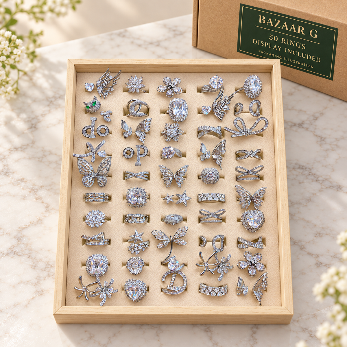 50 statement crystal rings in the included wooden display tray