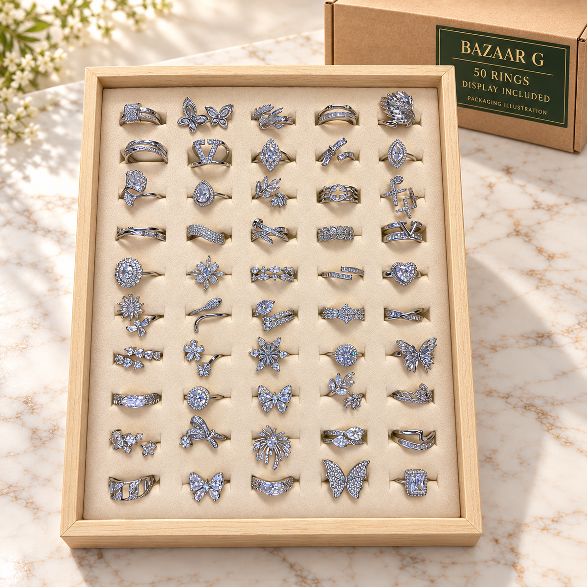 50 butterfly & crystal rings in the included wooden display tray