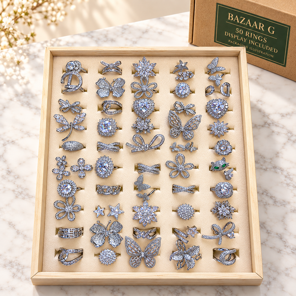Floral Statement Rings: 50 rings with included display tray