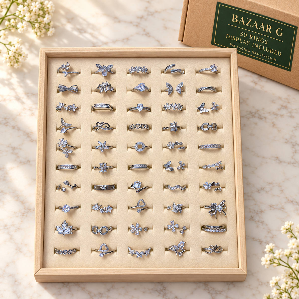Petite Crystal Rings: 50 rings with included display tray